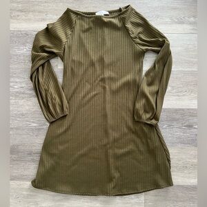 Olive Ribbed A Line Long Sleeve Dress